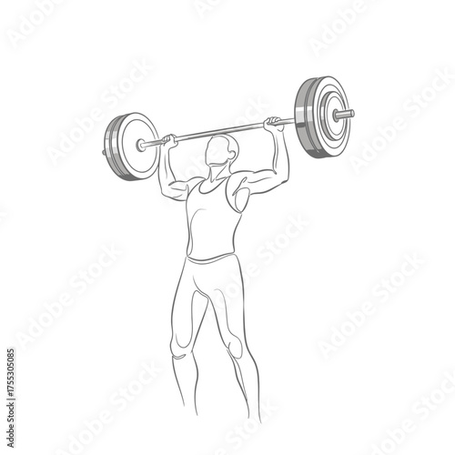 Vector art of line art illustration of a person performing an overhead press with a barbell