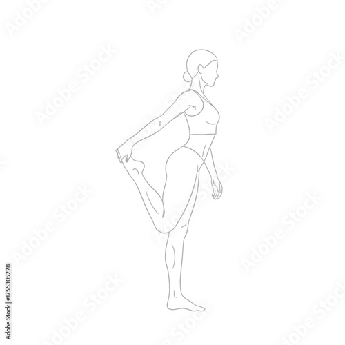 Vector art of line art illustration of a woman performing a quadriceps stretch by holding her foot behind her