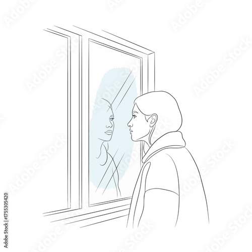Vector art of a person looks thoughtfully into a window, their reflection visible, contemplating their inner self and outward appearance