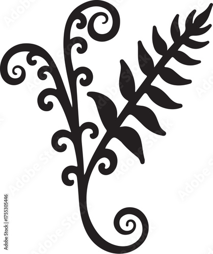 Black fern frond and swirling vine silhouette white