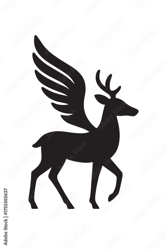 Fototapeta premium Black silhouette of a winged deer walking on a white background animal