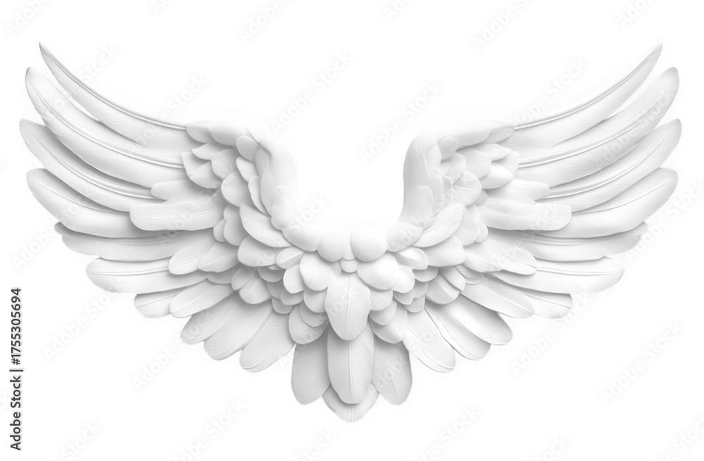 Obraz premium A pair of majestic white wings isolated on transparent background, showcasing intricate feather details and symbolizing freedom, purity, and ethereal beauty in a minimalist design