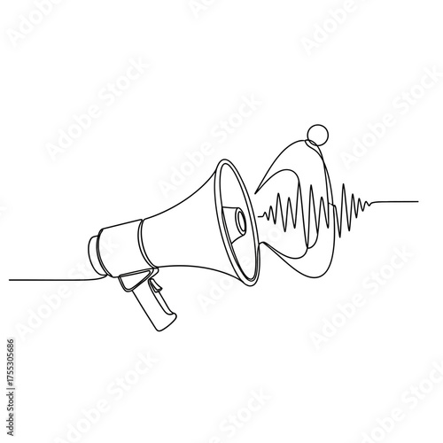 Vector art of continuous line drawing of a megaphone emitting sound waves
