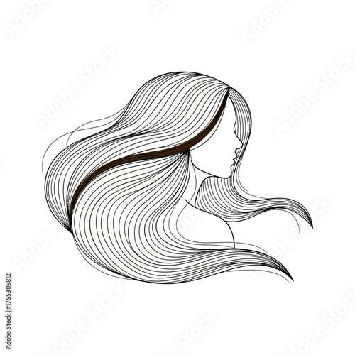 Vector art of elegant line art illustration of a womans profile with flowing long hair