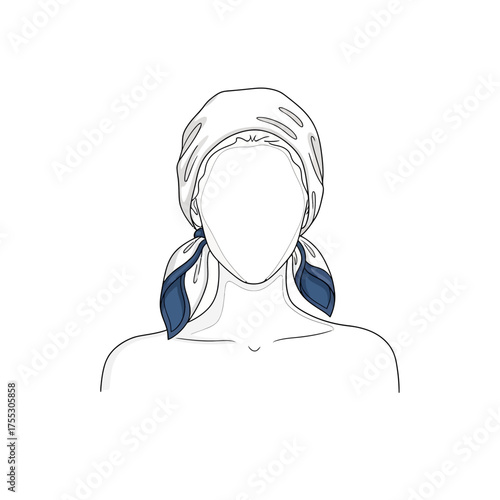 Vector art of minimalist line drawing of a womans head wearing a stylish silk scarf tied around her hair