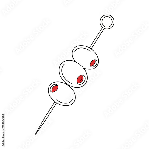 Vector art of a simple line drawing of three green olives on a cocktail skewer, isolated on a, representing a classic garnish for drinks and appetizers