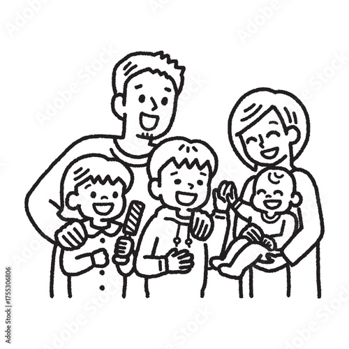 家族 赤ちゃん 兄姉 抱っこ 見つめる 笑顔 モノクロ 手描き イラスト