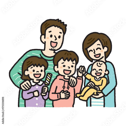 赤ちゃんを囲む家族の楽しい時間を描いたカラフルで元気なイラスト