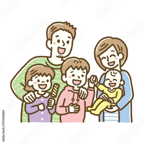 赤ちゃんを囲む笑顔の家族のイラスト パステル