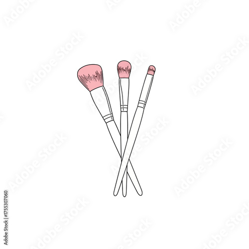 Vector art of a minimalist drawing of three makeup brushes with pink bristles, arranged in a crossed formation, representing beauty, cosmetics, and personal care