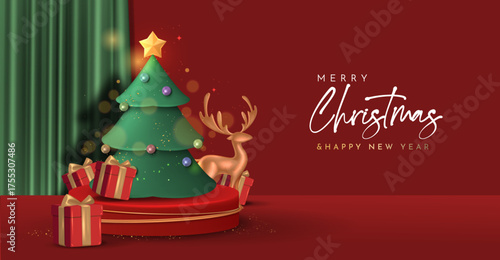 A beautifully decorated Christmas tree with shining star, colorful ornaments, gifts, and a golden reindeer beside it. Merry Christmas Banner Design Vector Illustration 