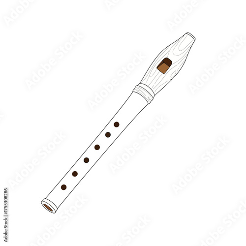 Vector art of a white recorder musical instrument with dark holes and a brown mouthpiece, isolated on a clean