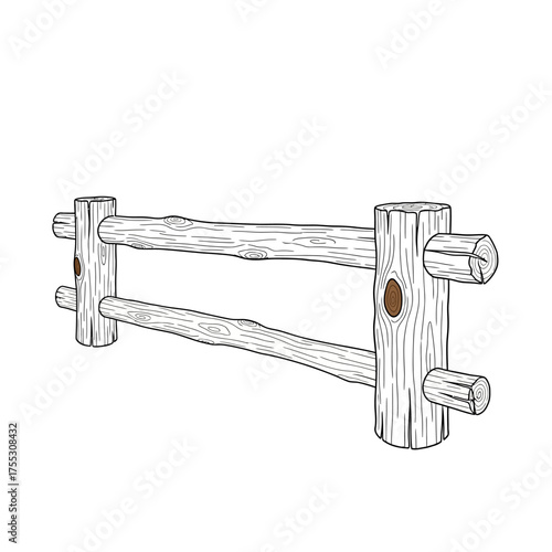 Vector art of rustic log fence section, , representing rural boundary or garden decoration, with natural wood texture and simple construction, perfect for countrythemed designs and outdoor settings