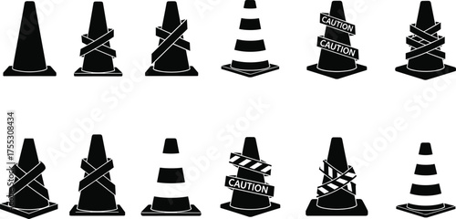 Black and white vector icons of traffic cones with caution tape and signage for construction, safety, and roadwork warning design