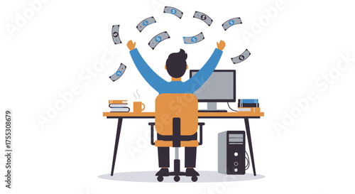 Successful businessman celebrating financial gain while working at his desk with money raining down, symbolizing profit and wealth.