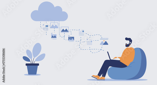 An illustration of a man working on a laptop, connected to a cloud network, showcasing data transfer and digital storage in a modern, minimalist style with plant and beanbag elements.