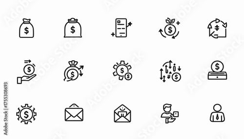 A collection of simple outline icons representing financial concepts, including money bags, investments, and digital transactions, perfect for business and finance themes.