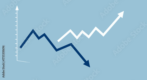 A clear vector illustration depicts contrasting financial market trends, with one line graph showing upward growth and another indicating a downward decline.