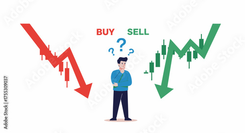 A perplexed investor stands between a falling red arrow and a rising green arrow, symbolizing market volatility and investment decisions on the stock exchange, vector illustration in png format.