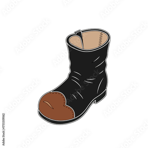 Vector art of a single black clown shoe with a brown toe, symbolizing humor, performance, circus, and costume