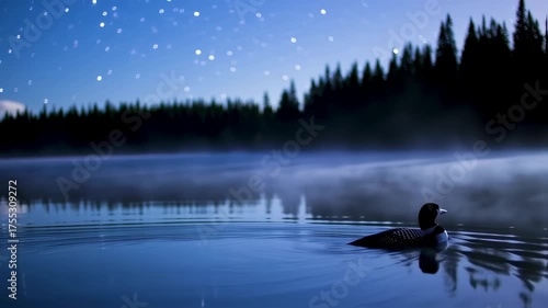 A serene night at the lake: A loon swims under a starry sky landscape