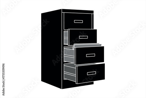 Black filing cabinet with open drawers
