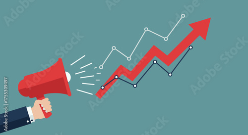 Hand holding a megaphone announcing a rising stock market graph with an upward trending arrow, symbolizing financial growth and success.
