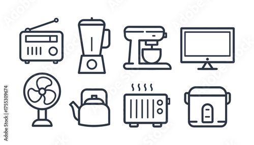 Home Appliances and Electronics Line Icon Set: Modern Outline Vector Symbols for Kitchen Gadgets, Entertainment Media, Climate Control, and Household Devices