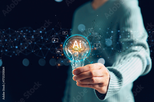 Businesswoman embraces the AI creative innovation concept, with a light bulb symbolizing artificial intelligence powering the modern digital generation of text, image, video, and audio content.