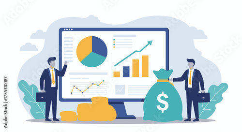 A vector illustration depicts business professionals analyzing financial charts and graphs, with a money bag and gold bars, representing stock exchange growth and investment.