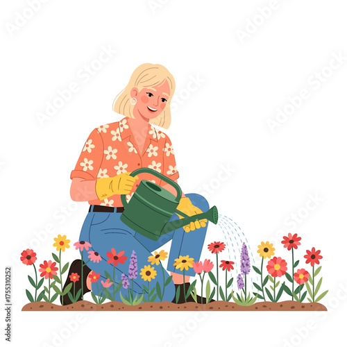 A woman tending a flower garden, watering colorful blooms with a green watering can.
