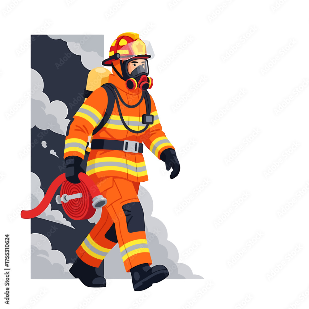 Fototapeta premium Firefighter in full gear walking towards smoke with a hose, ready for action.