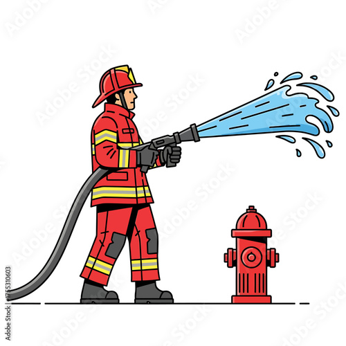 A firefighter in red uniform aiming a water hose, spraying water, beside a fire hydrant.