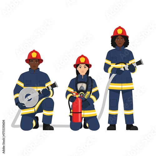 Three firefighters in uniform, prepared with equipment, ready for action.