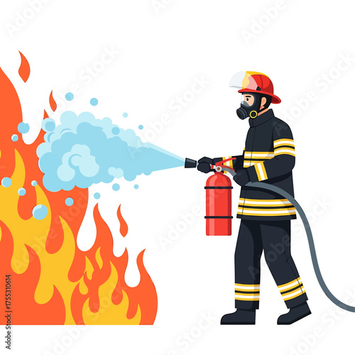 Firefighter in full gear extinguishing a fire with a hose, using water to combat the flames.