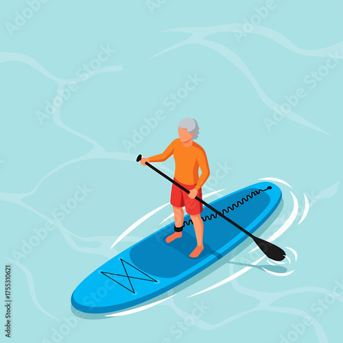 An elderly person paddleboarding on calm, blue water, enjoying a sunny day.