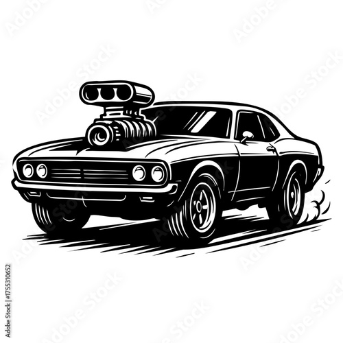 Black and white illustration of a classic muscle car with a large supercharger on the hood