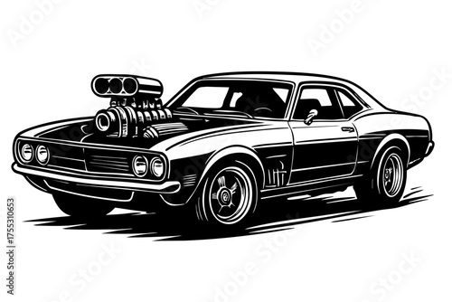 Monochrome side view of a muscle car with exposed engine and supercharger