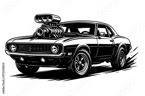 Detailed black and white front-angle view of a muscle car with visible supercharger