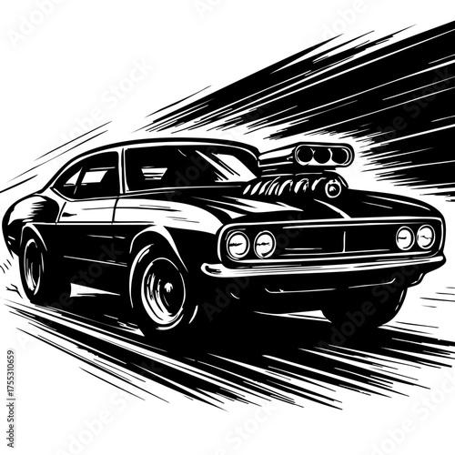 dynamic composition of a muscle car speeding down a highway with supercharger engine