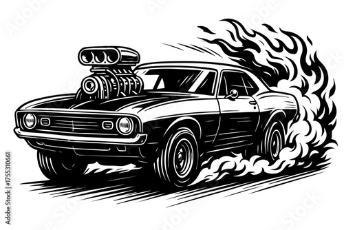 Monochrome ink sketch of a muscle car drag racing with flames and supercharger belts visible