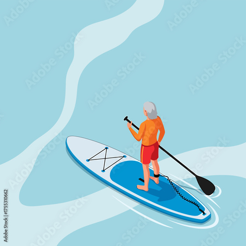 Isometric illustration of an elderly person paddleboarding on a blue stand-up paddleboard in water.