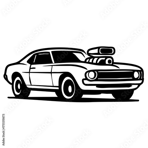 Minimalist black and white outline of a muscle car with raised hood and visible supercharger