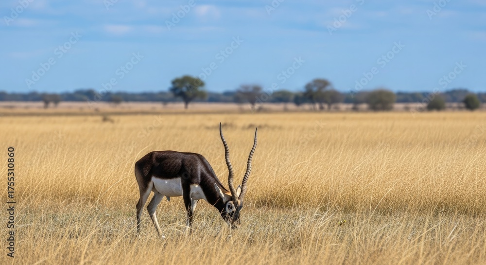 Fototapeta premium Blackbuck antelope grazing in grassland wildlife photography nature reserve animal kingdom wildlife conservation
