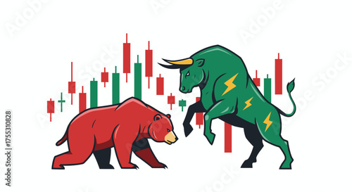 Dynamic vector illustration depicting a stock exchange scenario with a green bull and red bear facing each other against a backdrop of stock market charts.