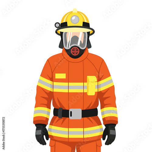 A fully equipped firefighter in orange protective gear, ready for action, standing still.