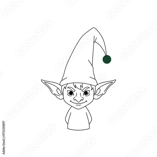 Vector art of a mischievous cartoon goblin or elf with pointed ears and a tall, conical hat with a pompom