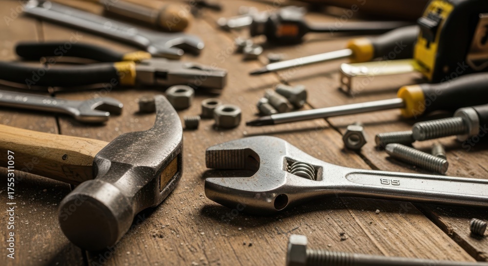 Fototapeta premium A closeup of various hand tools scattered on a wooden surface, including a hammer, wrench, screwdrivers, pliers, and nuts and bolts, creating a workshop scene