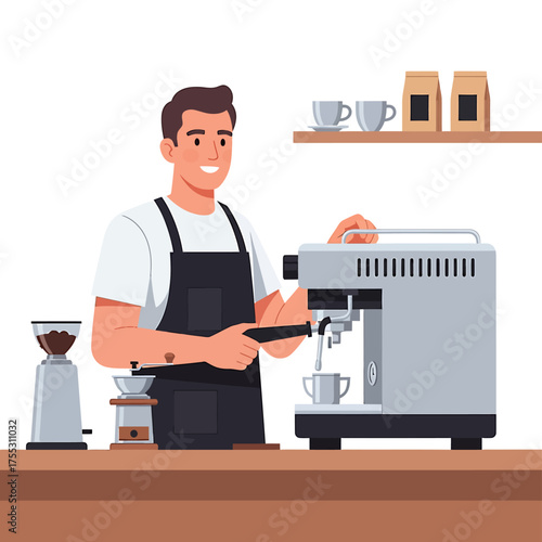 A barista prepares espresso, smiling, with coffee machine and accessories.