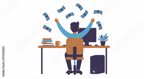 Excited businessman celebrating financial success while throwing money in the air at his office desk with a computer, symbolizing wealth and achievement.